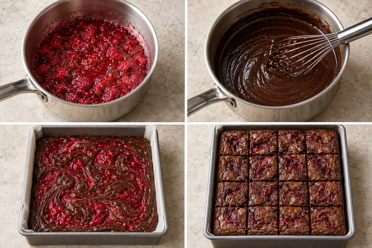 Four chronological preparation stages for Raspberry Swirl Brownies