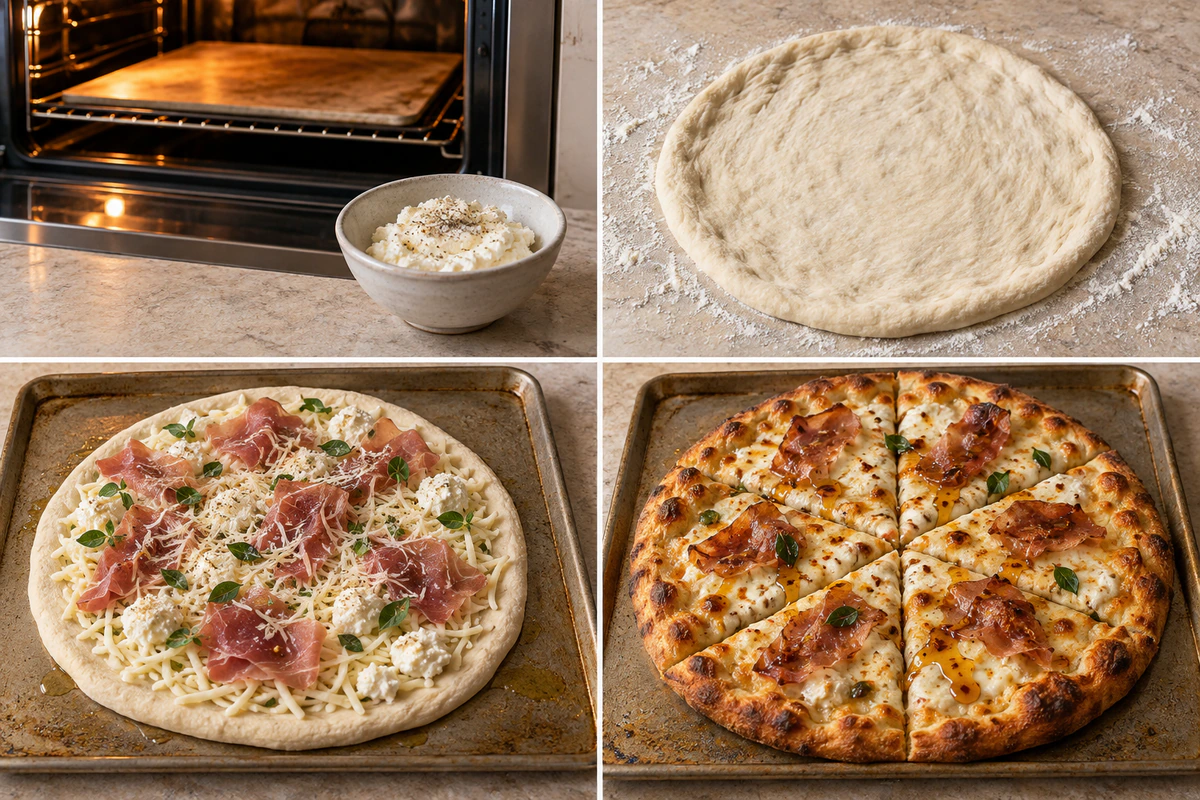 Four chronological preparation stages for White Pizza with Prosciutto & Hot Honey