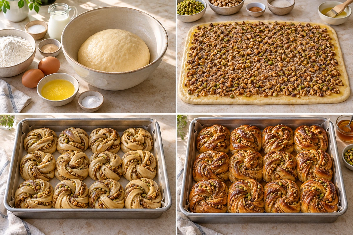 Four chronological preparation stages for Baklava Babka Buns