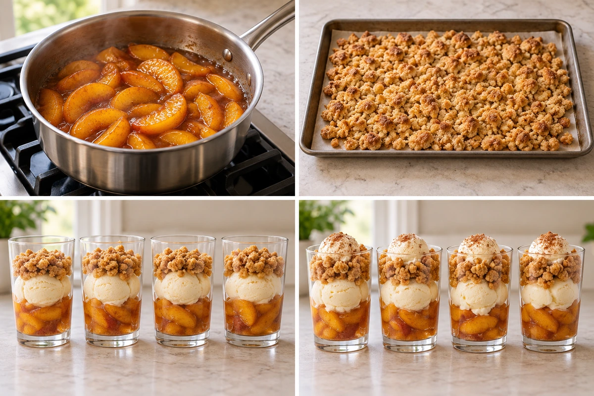Four chronological preparation stages for Classic Peach Cobbler Parfait