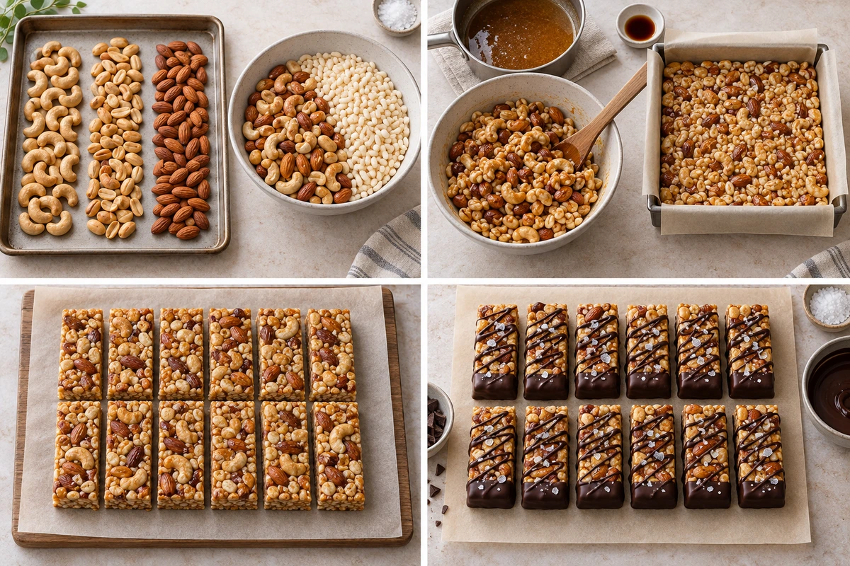 Four chronological preparation stages for Dark Chocolate and Sea Salt Nut Bars