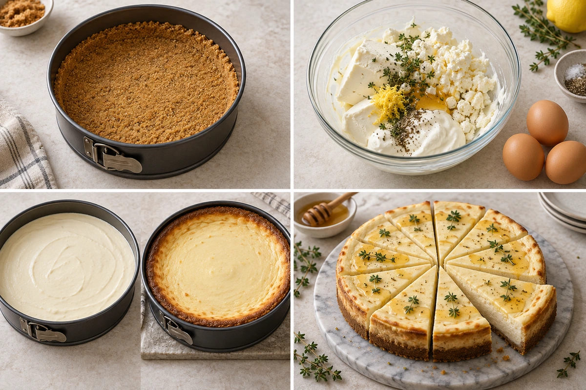 Four chronological preparation stages for Feta Cheesecake