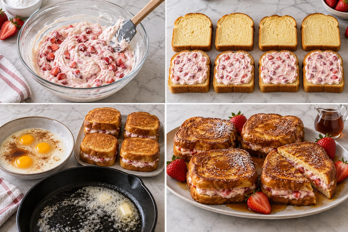 Four chronological preparation stages for Strawberry Cream Cheese Stuffed French Toast