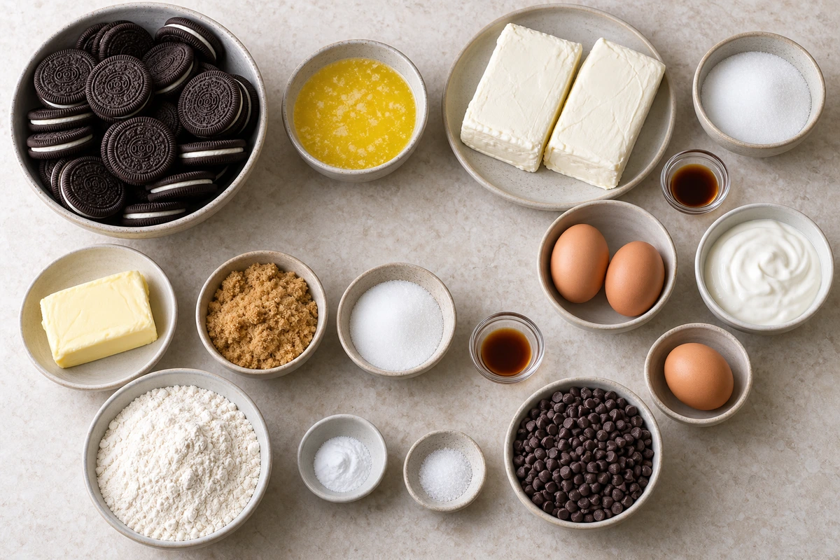 Exact measured ingredients for Chocolate Chip Oreo Cheesecake Bars