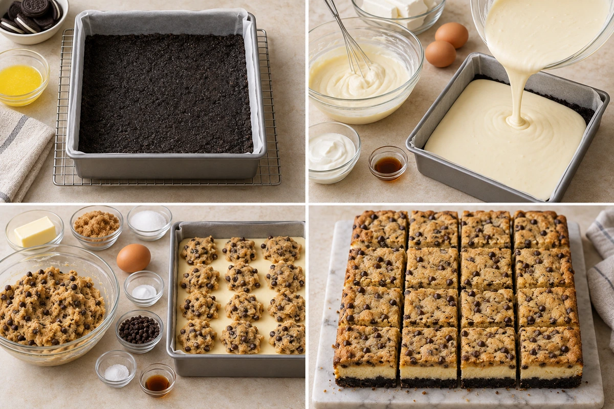 Four chronological preparation stages for Chocolate Chip Oreo Cheesecake Bars