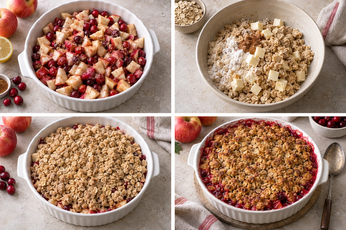Four chronological preparation stages for Cranberry Apple Crumble