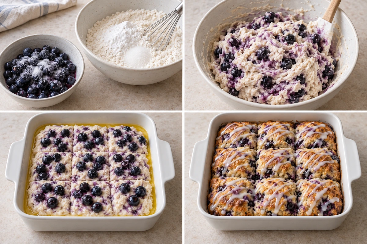 Four chronological preparation stages for Glazed Blueberry Butter Swim Biscuits