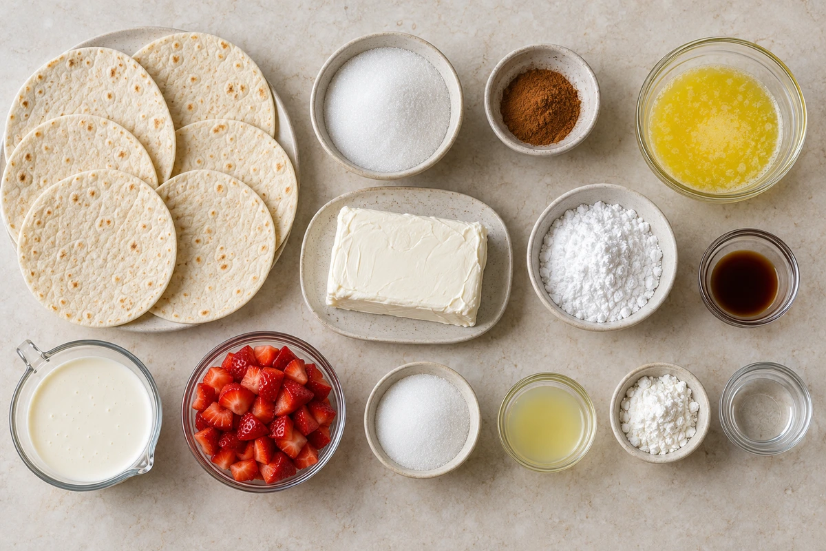 Exact measured ingredients for Strawberry Cheesecake Dessert Tacos