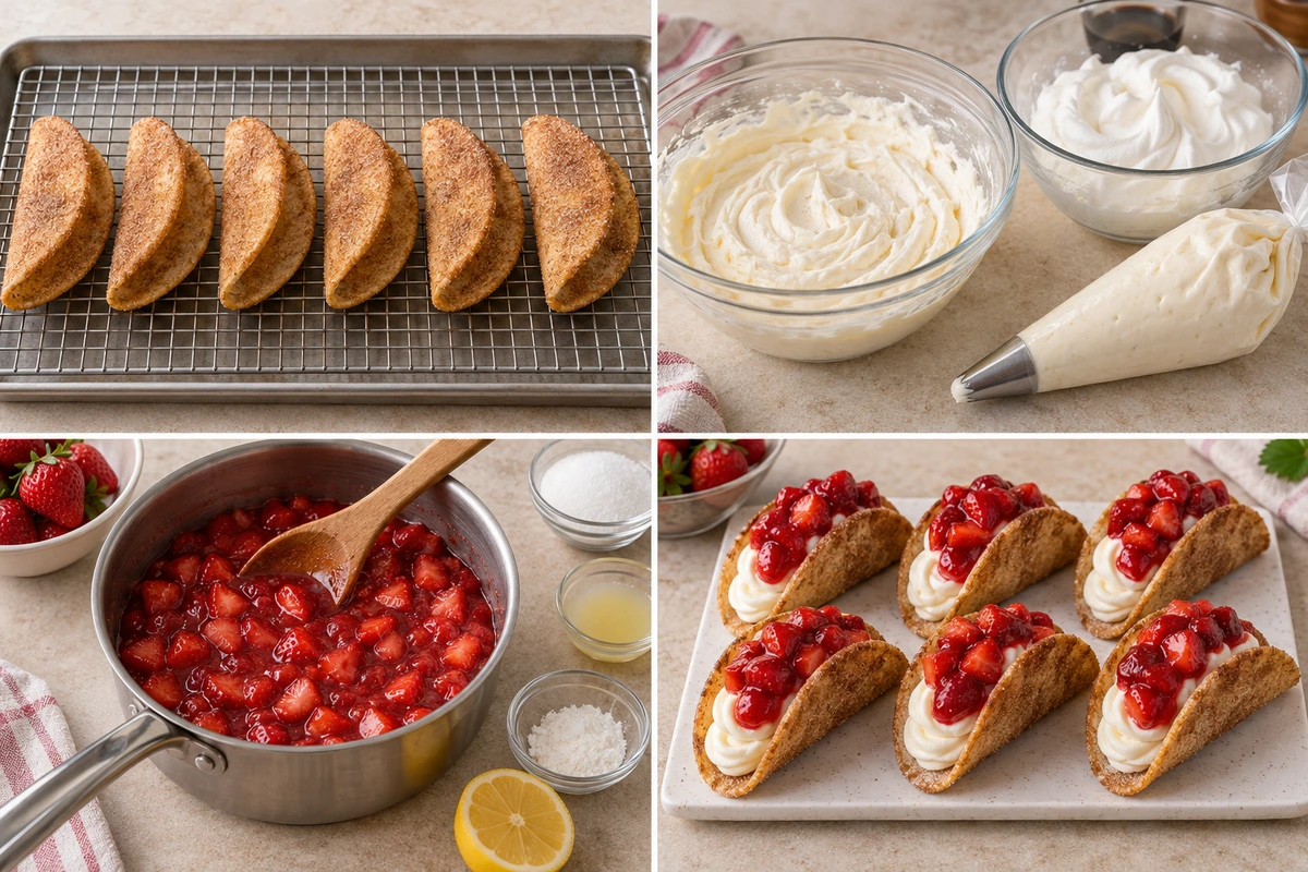 Four chronological preparation stages for Strawberry Cheesecake Dessert Tacos