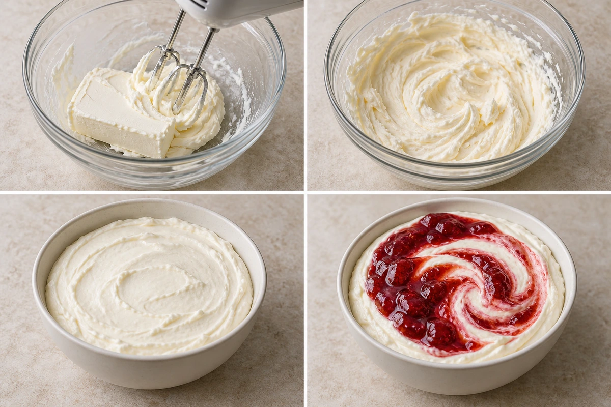 Four chronological preparation stages for Strawberry Cheesecake Dip