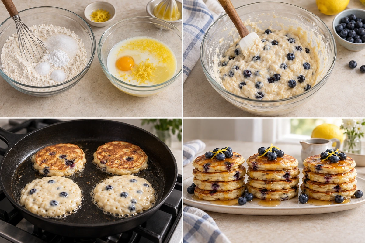 Four chronological preparation stages for Lemon Blueberry Pancakes
