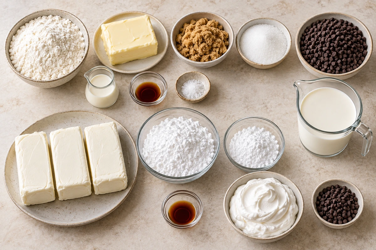 Exact measured ingredients for No Bake Cookie Dough Cheesecake