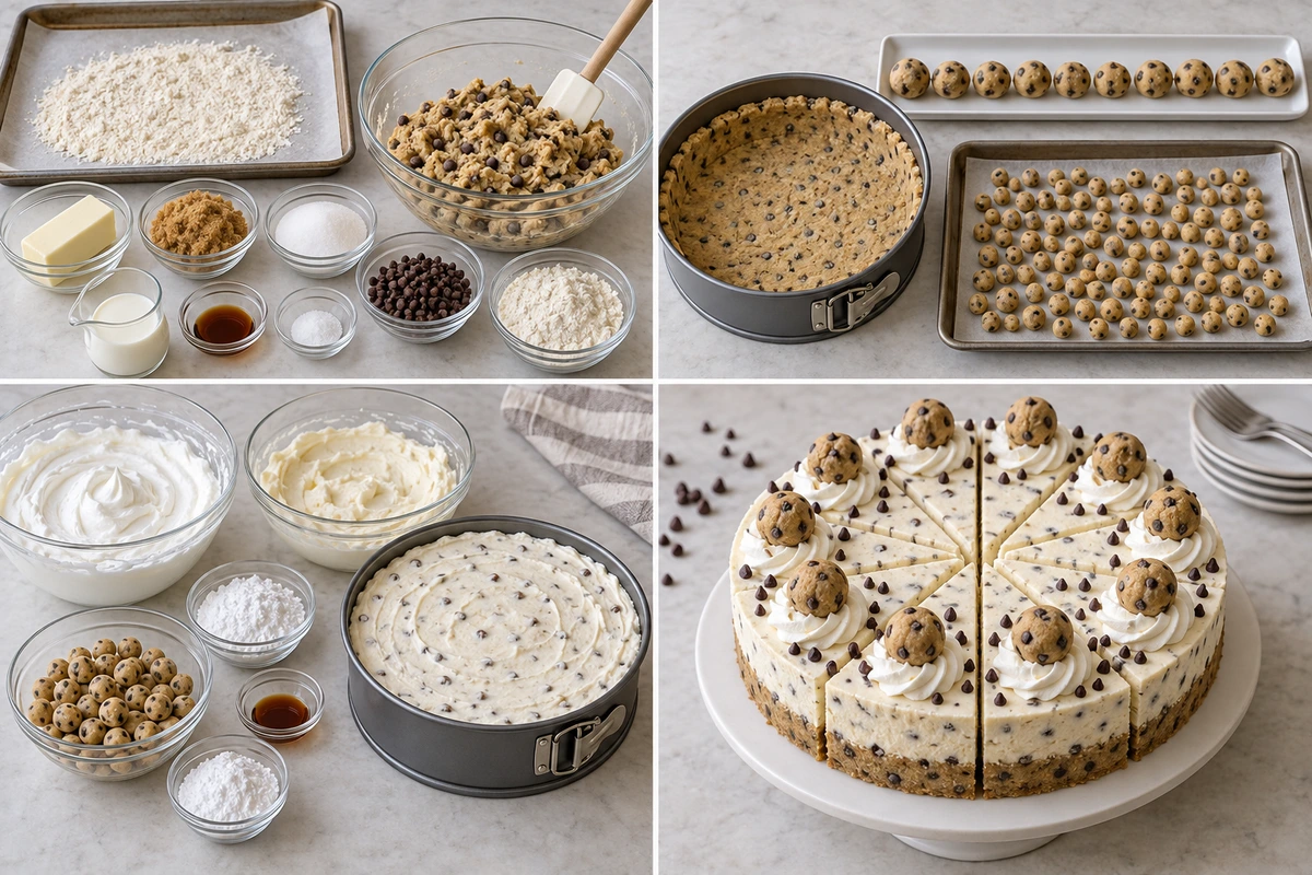 Four chronological preparation stages for No Bake Cookie Dough Cheesecake