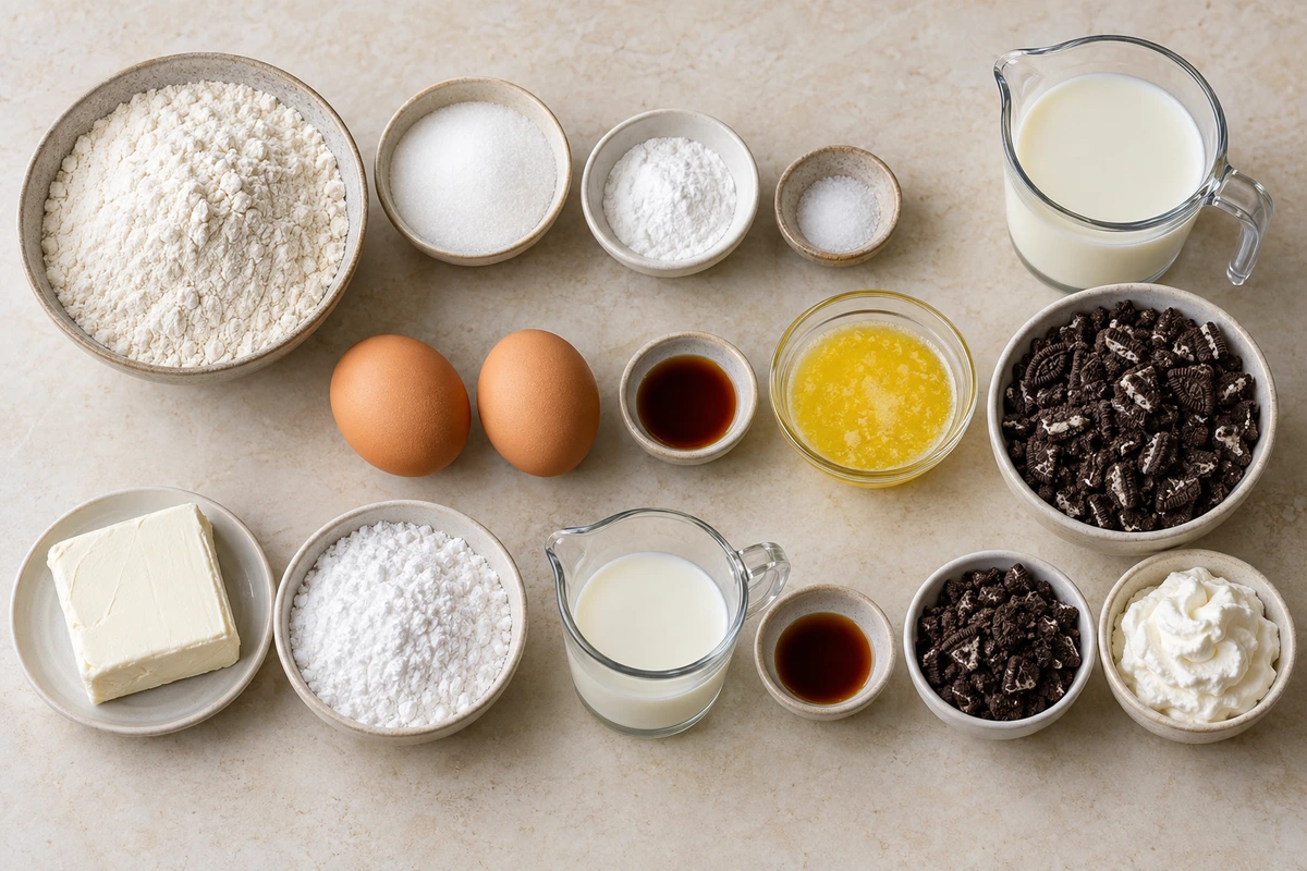 Exact measured ingredients for Oreo Pancakes with Cream Cheese Drizzle