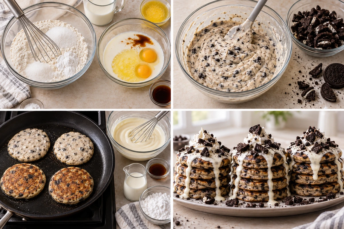 Four chronological preparation stages for Oreo Pancakes with Cream Cheese Drizzle