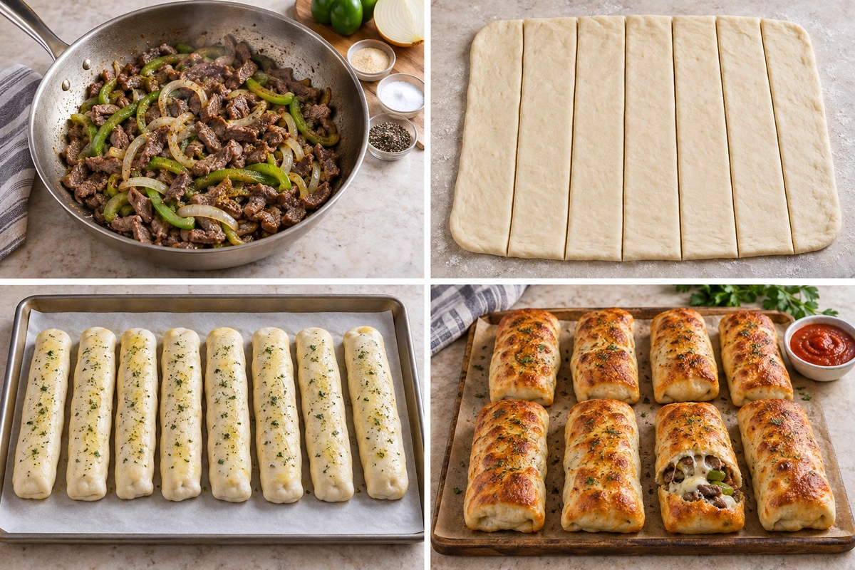 Four chronological preparation stages for Philly Cheesesteak Stuffed Cheesy Breadsticks