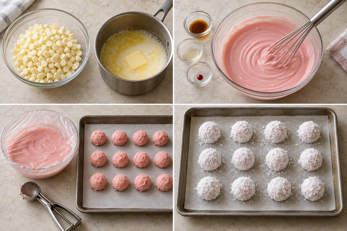 Four chronological preparation stages for Strawberry Truffles