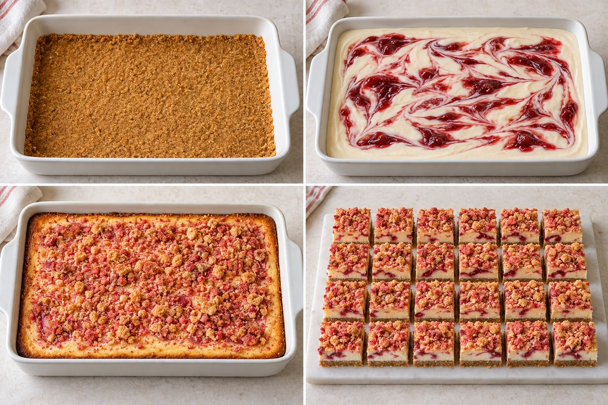 Four chronological preparation stages for Strawberry Crunch Cheesecake Bites