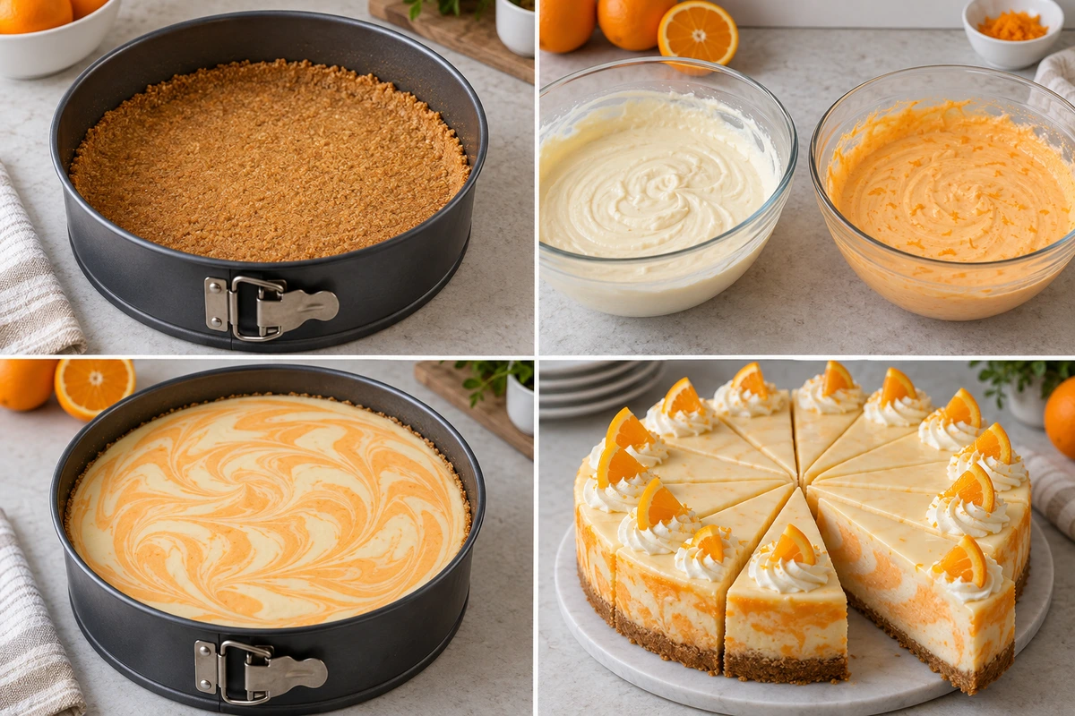 Four chronological preparation stages for Orange Creamsicle Cheesecake