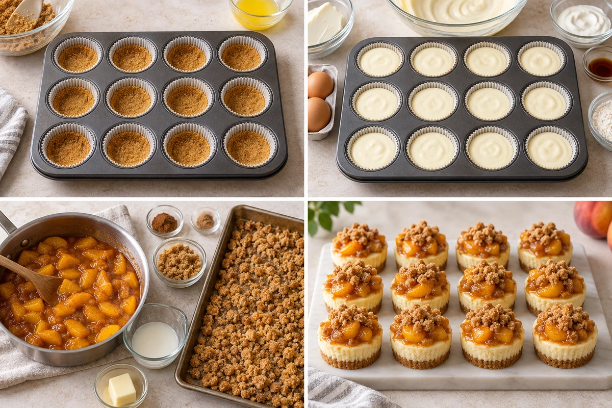 Four chronological preparation stages for Peach Cobbler Mini Cheesecakes