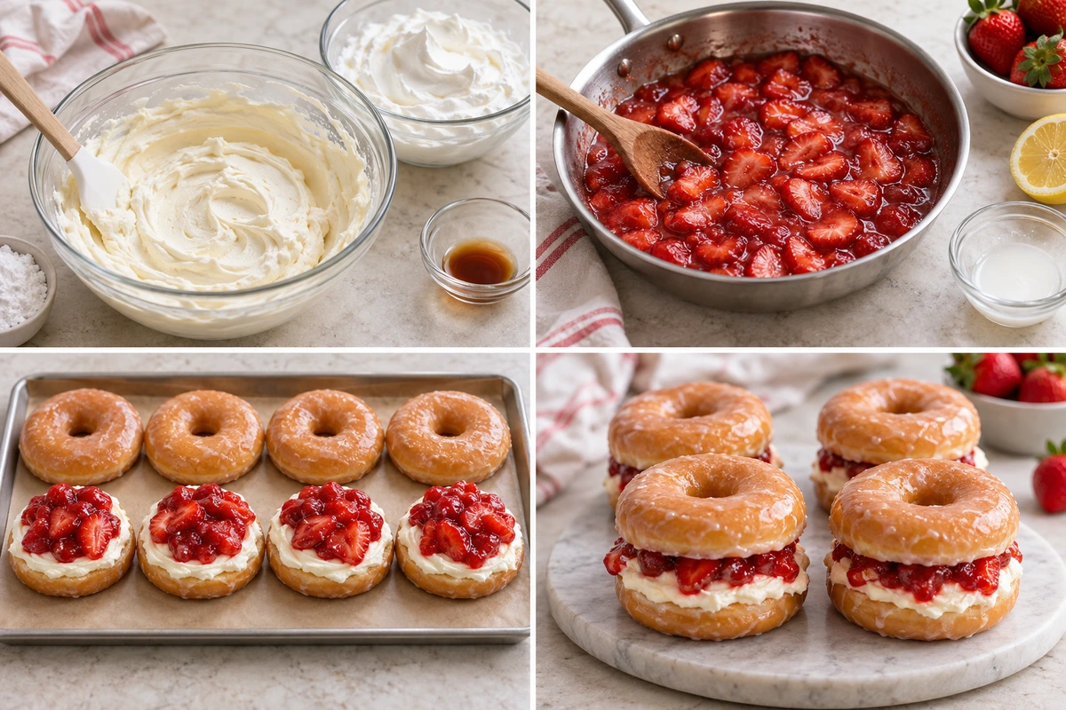 Four chronological preparation stages for Strawberry Cheesecake Doughnut Burger