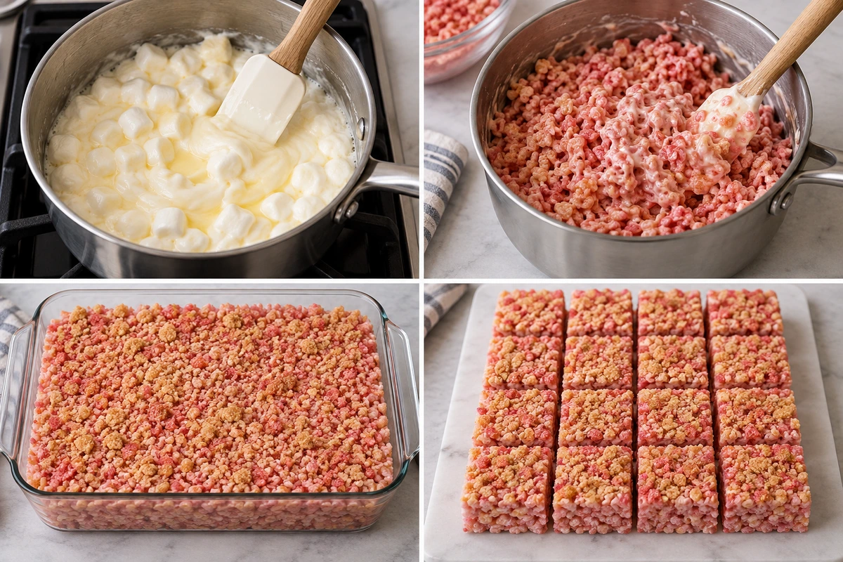 Four chronological preparation stages for Strawberry Crunch Rice Krispie Treats