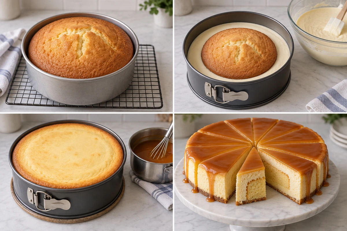 Four chronological preparation stages for Cheesecake with Pound Cake Center