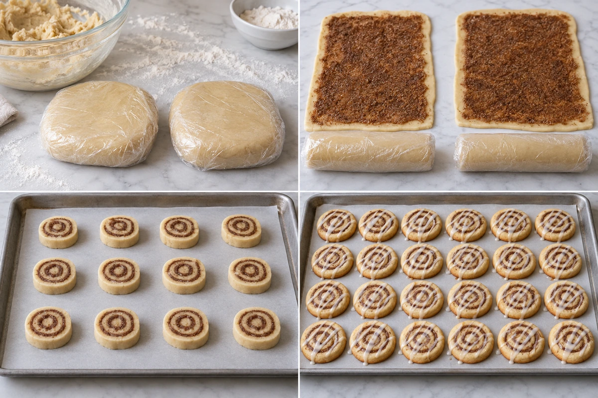 Four chronological preparation stages for Cinnamon Roll Cookies
