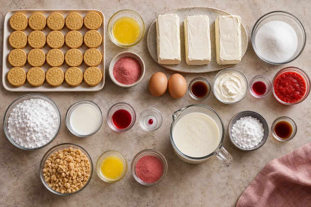 Exact measured ingredients for Pink Strawberry Crunch Cheesecake