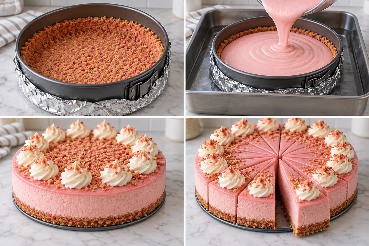Four chronological preparation stages for Pink Strawberry Crunch Cheesecake