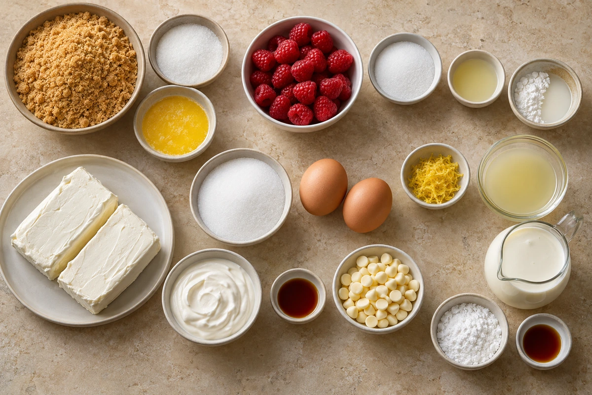Exact measured ingredients for Raspberry Lemon White Chocolate Cheesecake