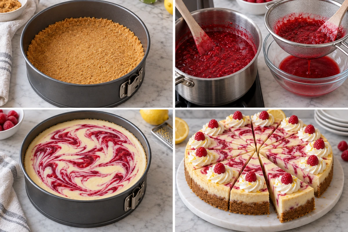 Four chronological preparation stages for Raspberry Lemon White Chocolate Cheesecake