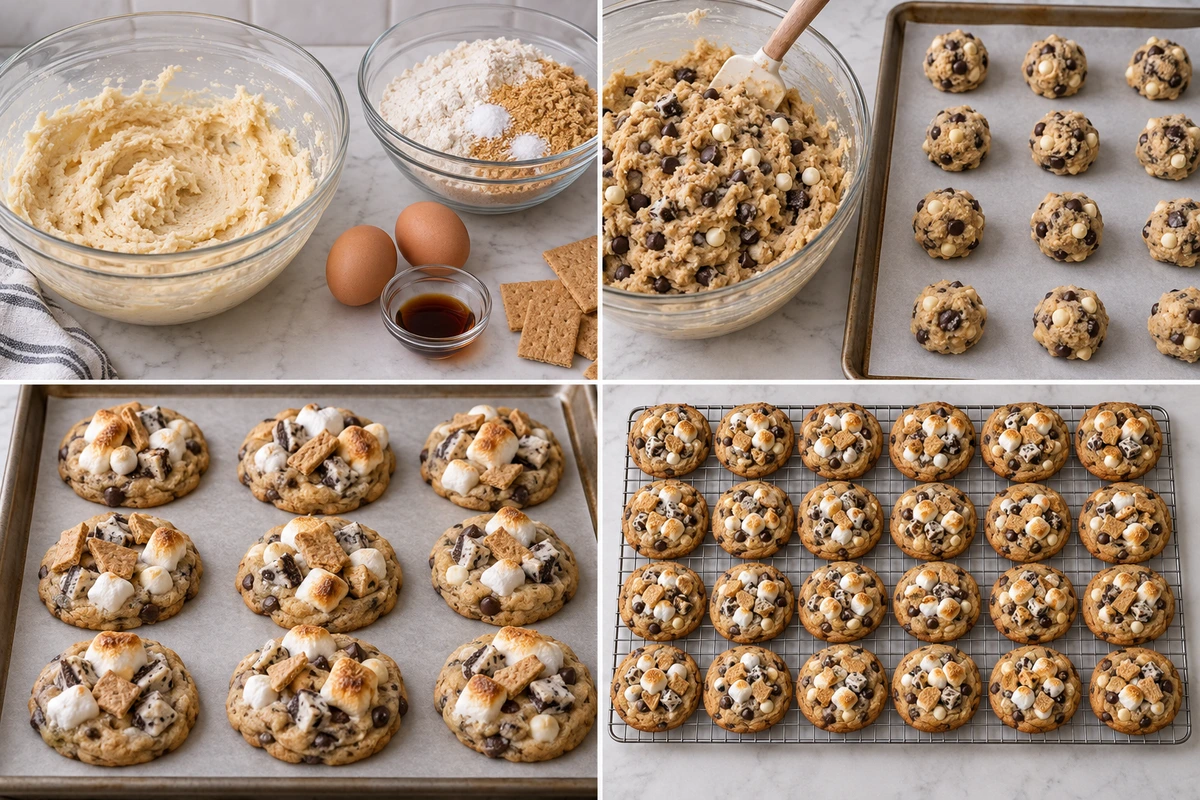 Four chronological preparation stages for S'mores Cookies and Cream Cookies