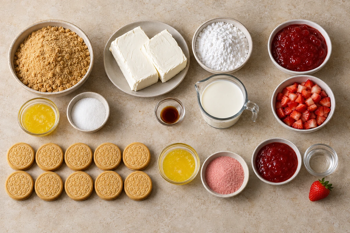 Exact measured ingredients for Mini Strawberry Crunch Stuffed Cheesecake
