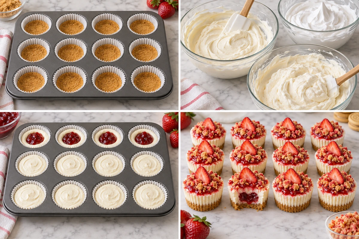 Four chronological preparation stages for Mini Strawberry Crunch Stuffed Cheesecake