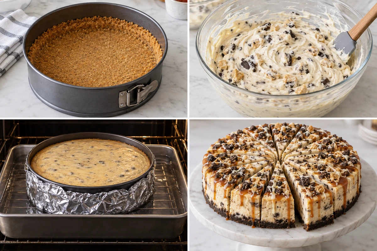 Four chronological preparation stages for Oreo & Caramel Cheesecake