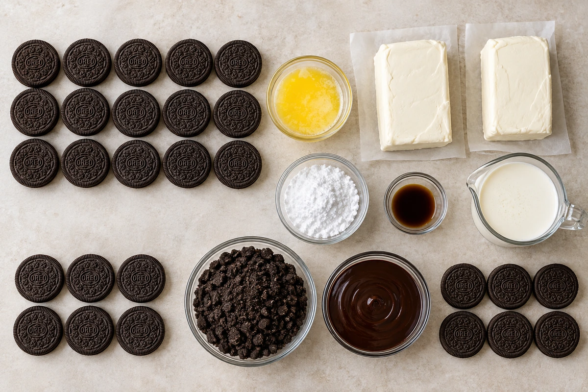 Exact measured ingredients for Oreo Overload Stuffed Mini Cheesecake