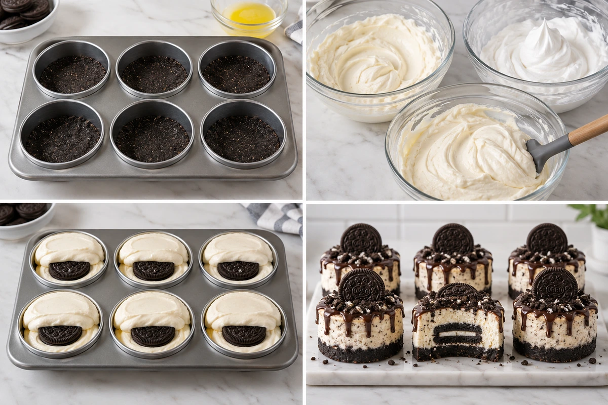 Four chronological preparation stages for Oreo Overload Stuffed Mini Cheesecake
