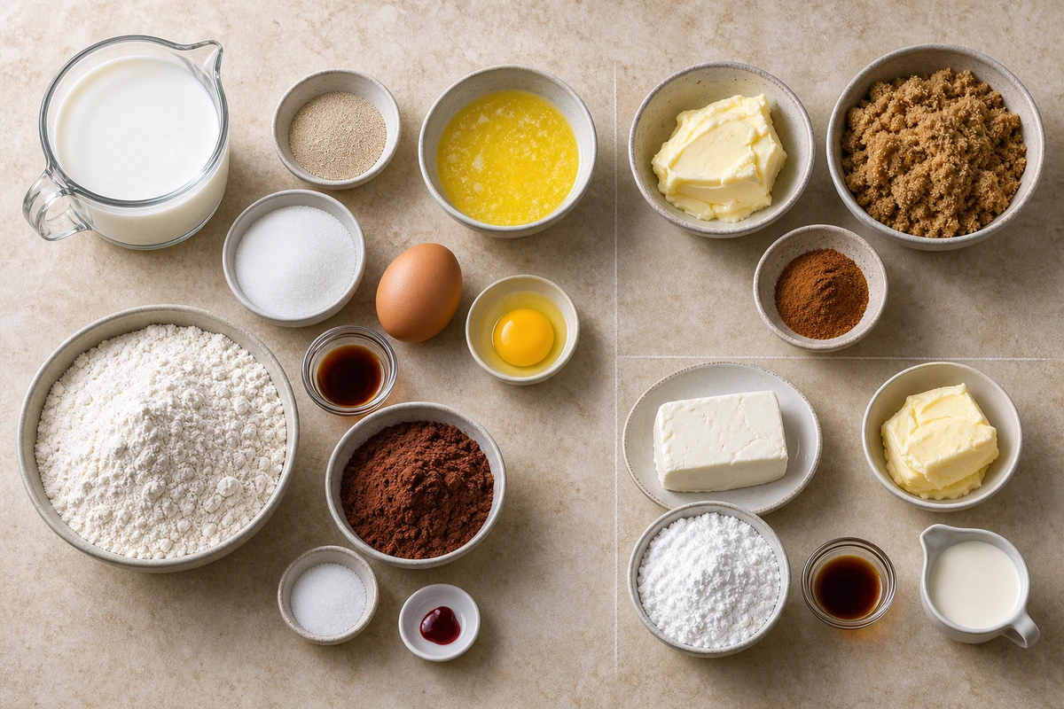 Exact measured ingredients for Red Velvet Cinnamon Rolls with Cream Cheese Icing