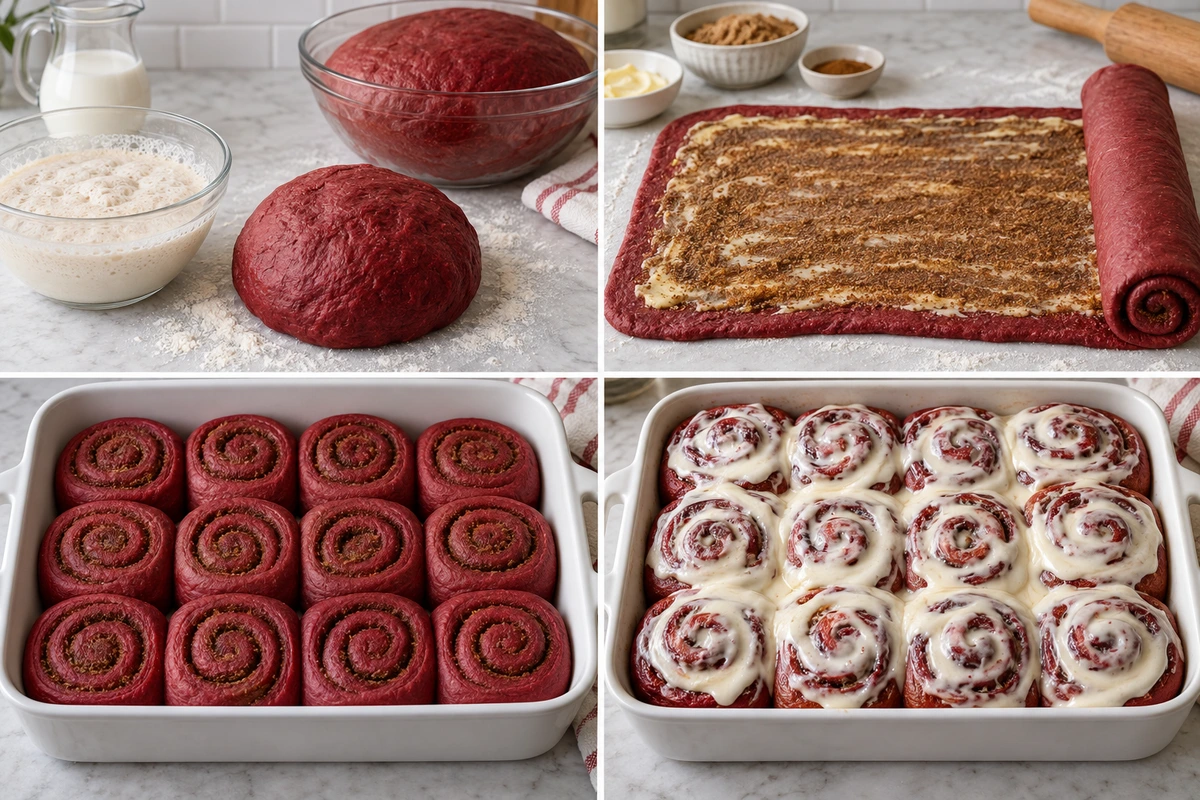 Four chronological preparation stages for Red Velvet Cinnamon Rolls with Cream Cheese Icing