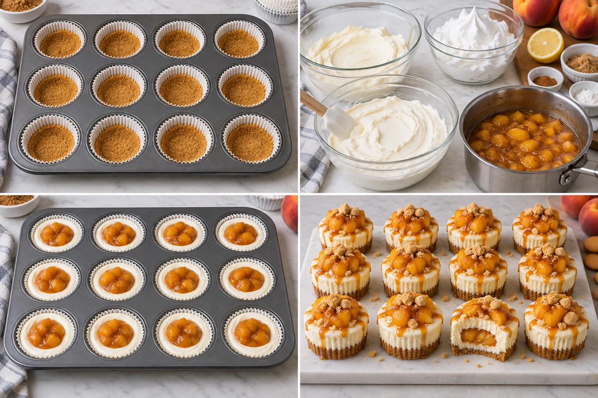Four chronological preparation stages for Stuffed Peach Cobbler Mini Cheesecake