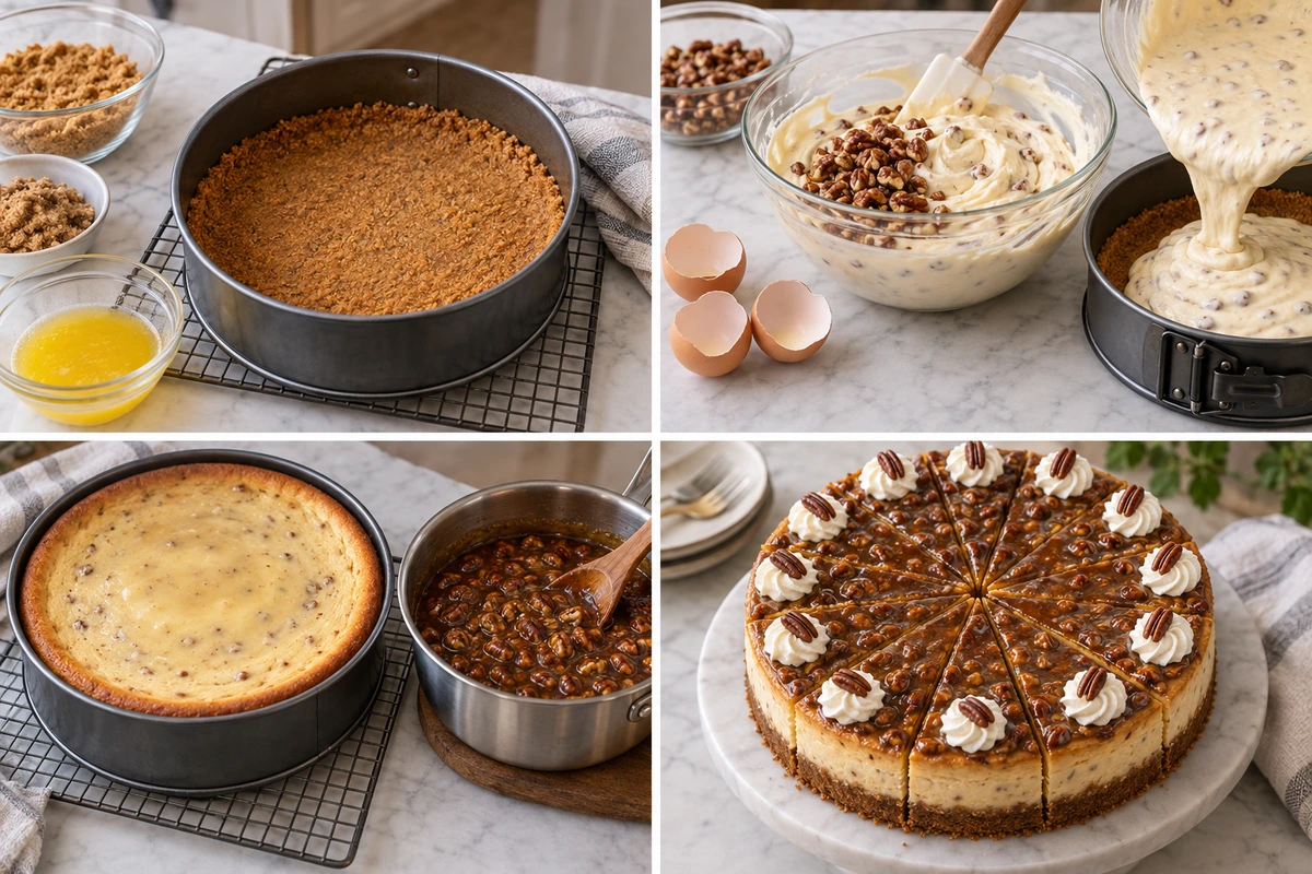 Four chronological preparation stages for Butter Pecan Cheesecake