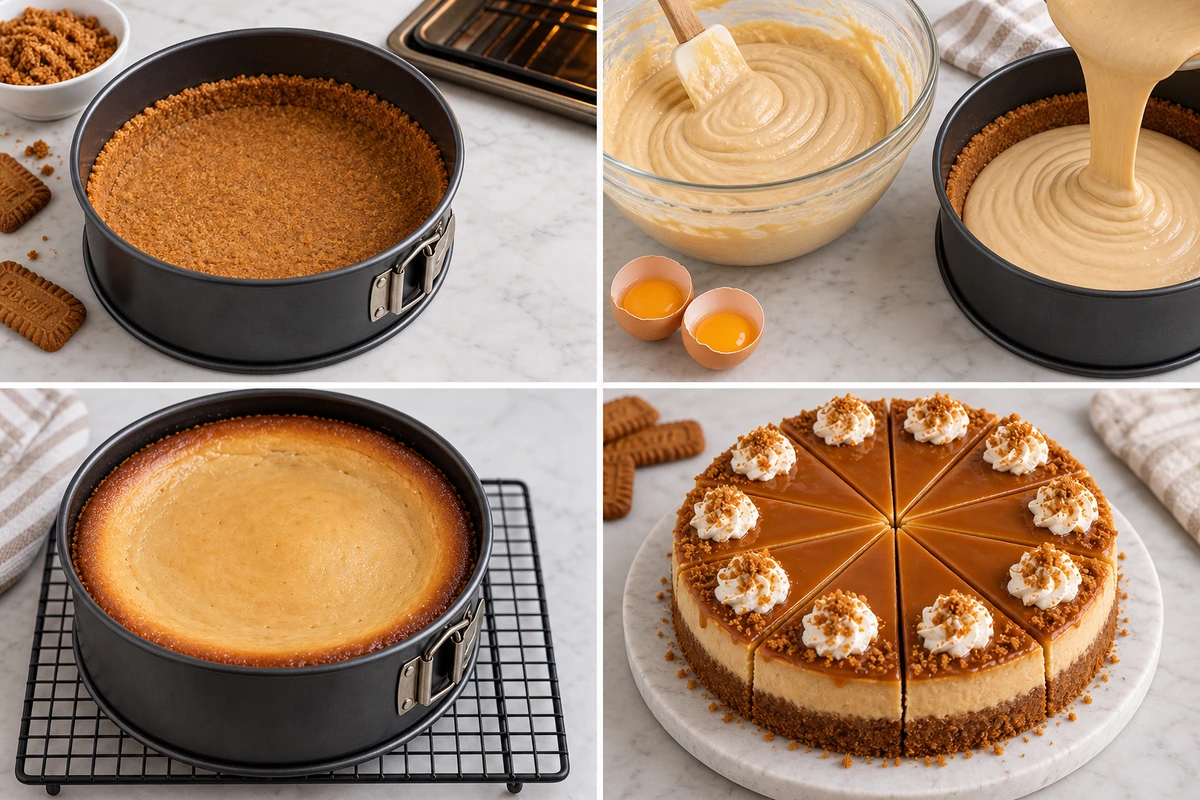 Four chronological preparation stages for Cookie Butter Caramel Cheesecake