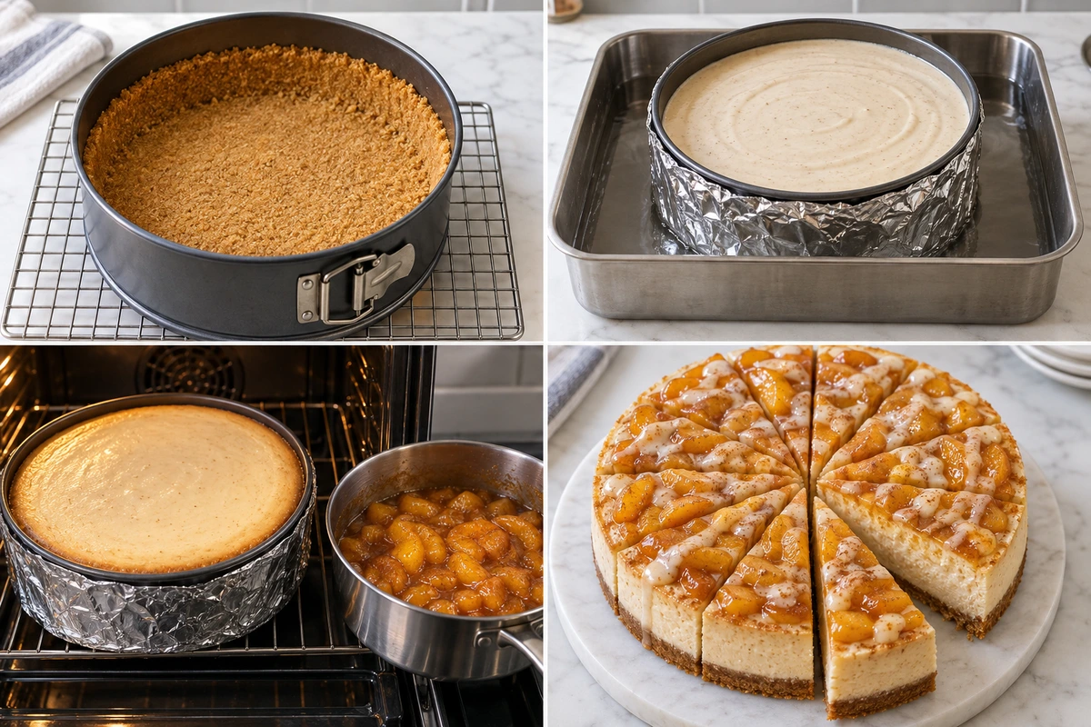 Four chronological preparation stages for Peach Cobbler Cheesecake