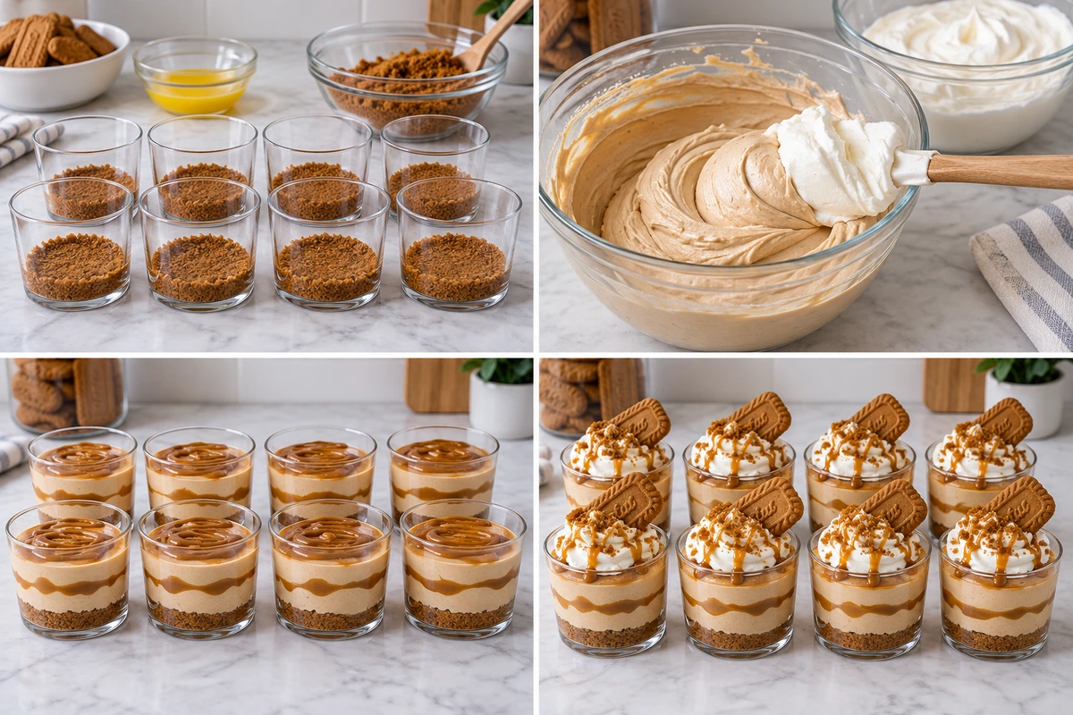 Four chronological preparation stages for Mini Cookie Butter Cheesecake Cups