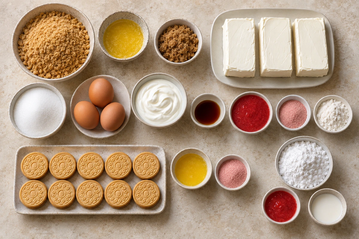 Exact measured ingredients for Strawberry Crunch Pink Cheesecake