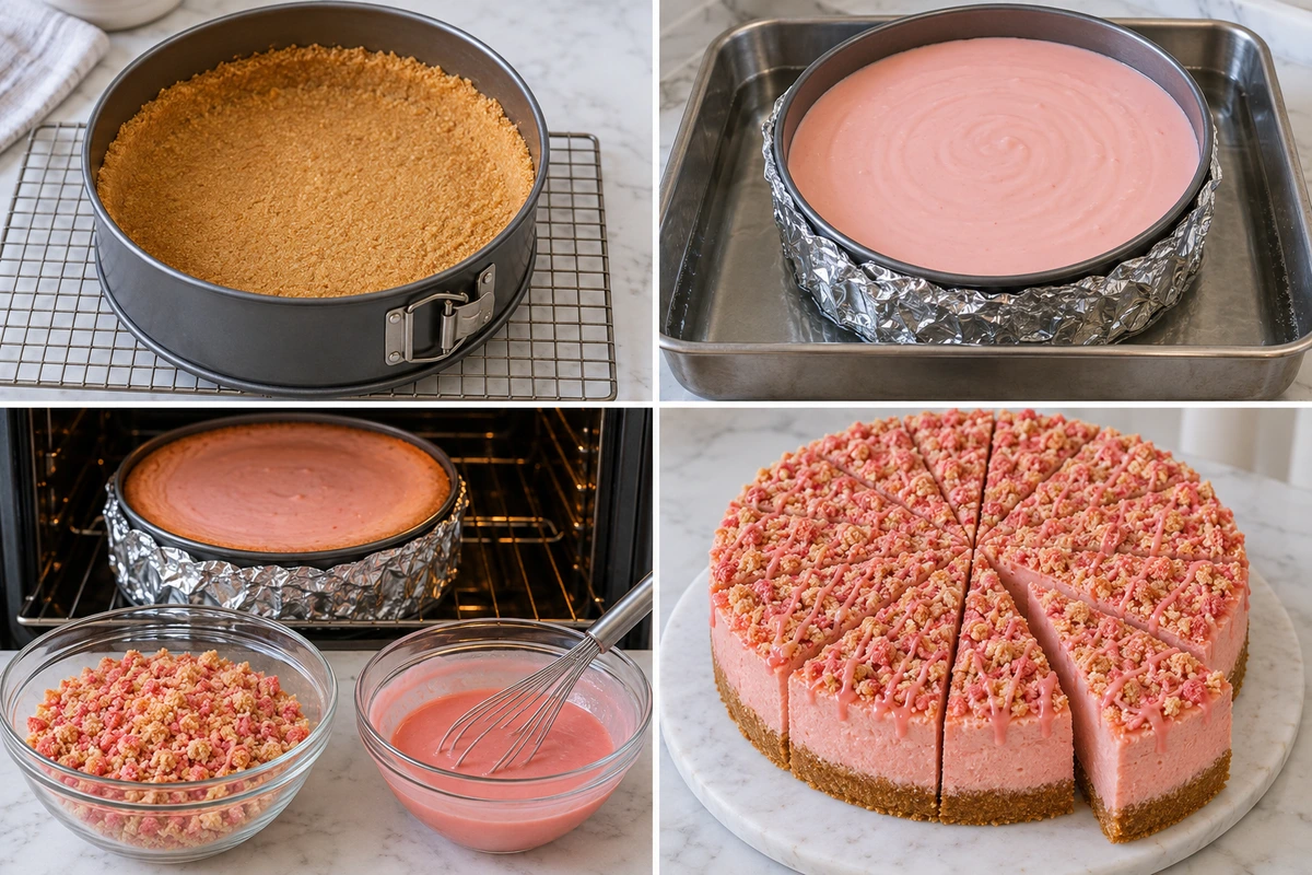 Four chronological preparation stages for Strawberry Crunch Pink Cheesecake