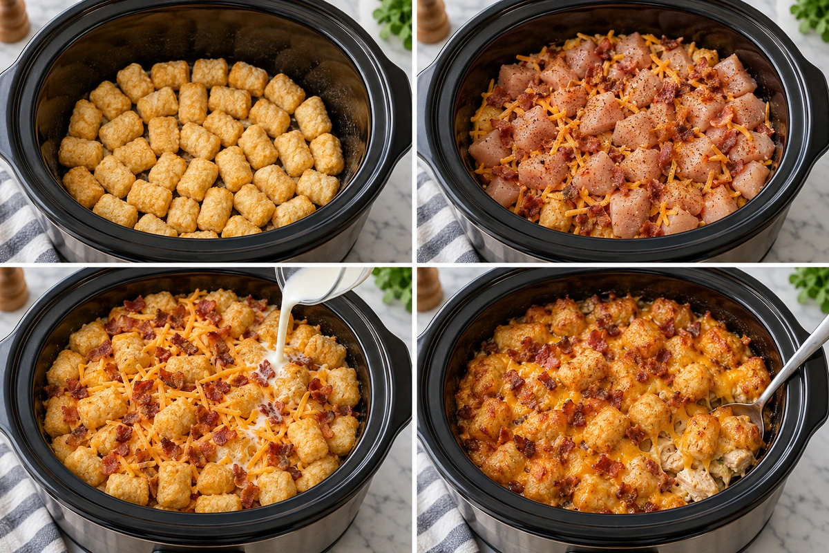 Four chronological preparation stages for Crock Pot Chicken Tater Tot Casserole