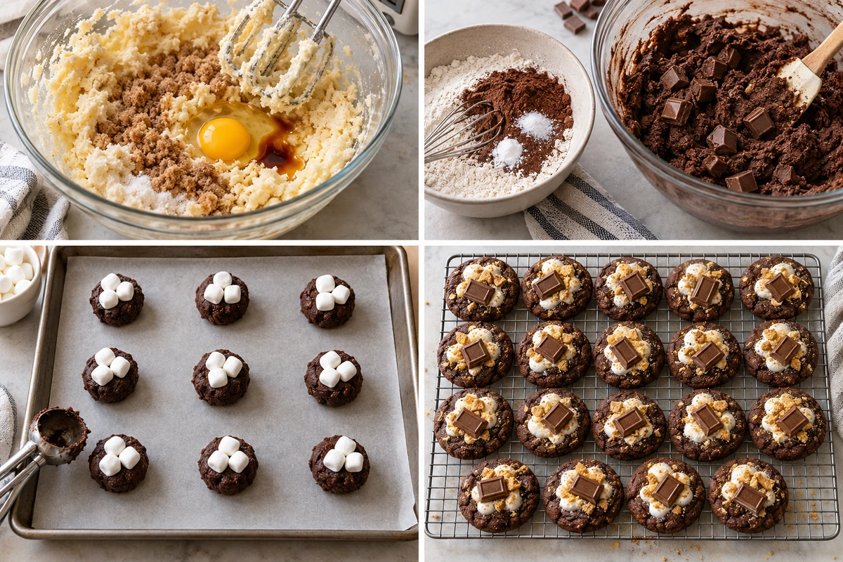 Four chronological preparation stages for Hershey's Chocolate S'mores Cookies