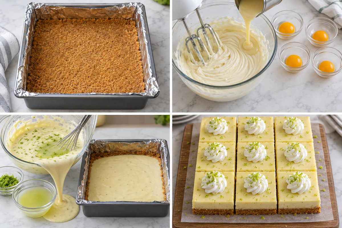 Four chronological preparation stages for Key Lime Bars